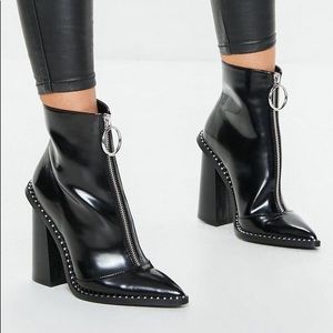 Shiny Black zip front ring pull ankle boots
